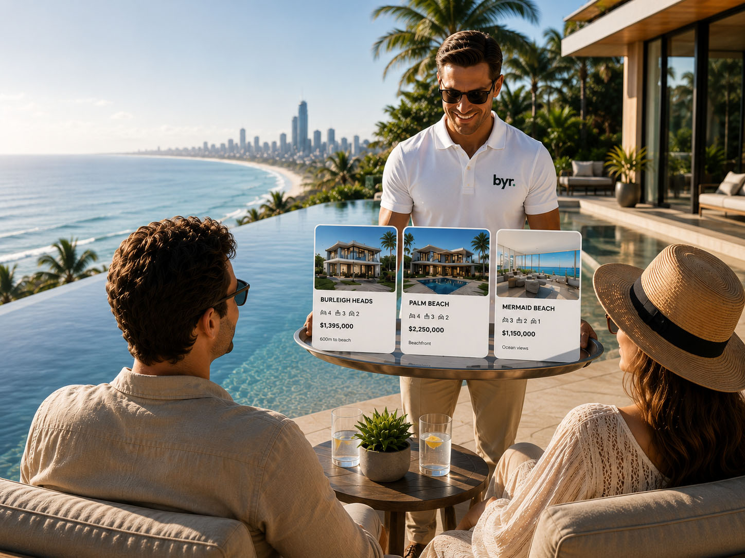 A couple by a pool above the Gold Coast being shown three matching properties on a tray
